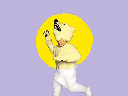 A person perceived as male, dressed in a polar bear costume, is moving against a lilac-colored background with a painted yellow sun.