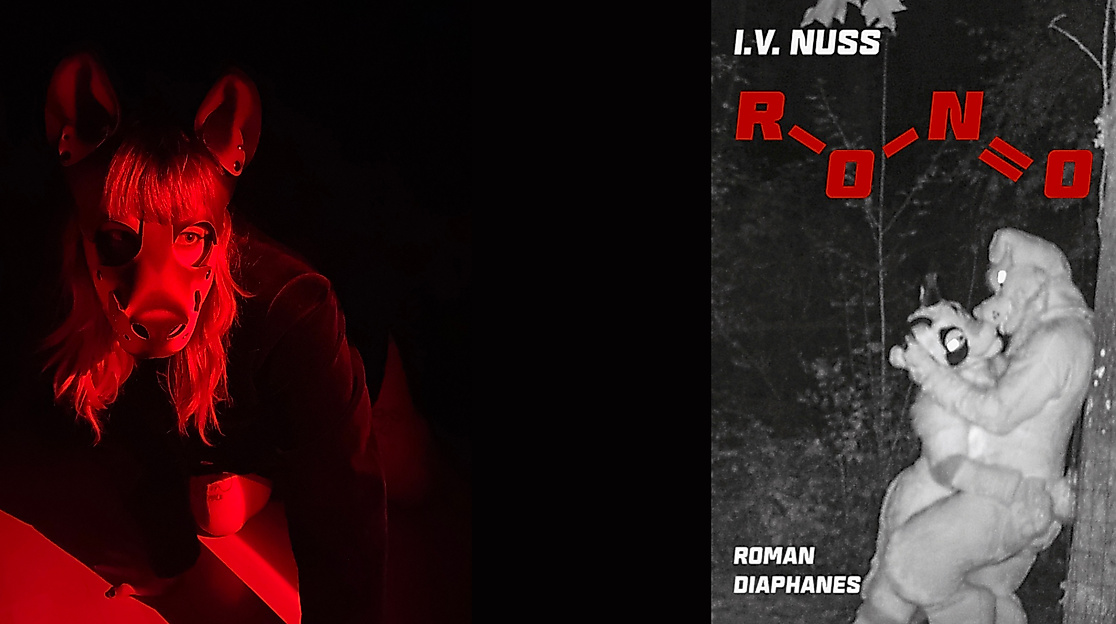 A person in a fursuit is illuminated by red light and the book cover of »R-O-N=O« is shown.