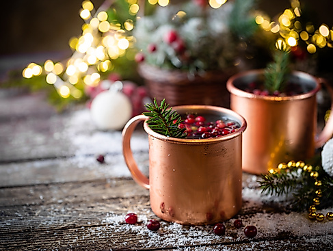 Mulled wine with cranberry in copper mug with christmas decorations on wooden table