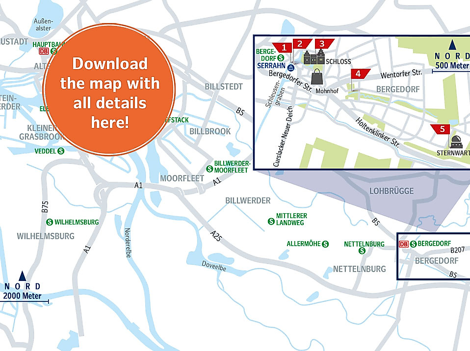 Map of the Castle Route in Hamburg-Bergedorf with sights, green spaces, and historical stations