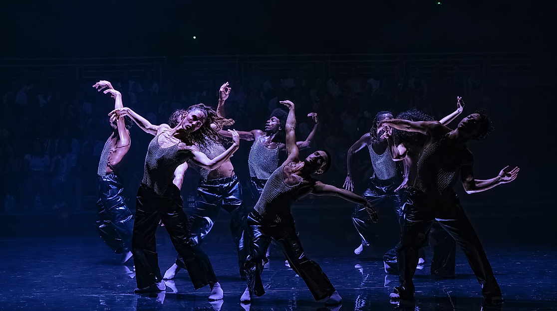 A group of dancers is standing on stage, moving mainly their upper bodies.