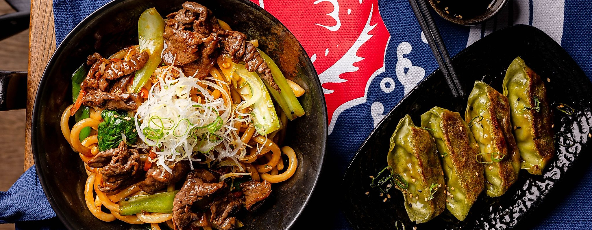 Japanese noodle dish with gyoza
