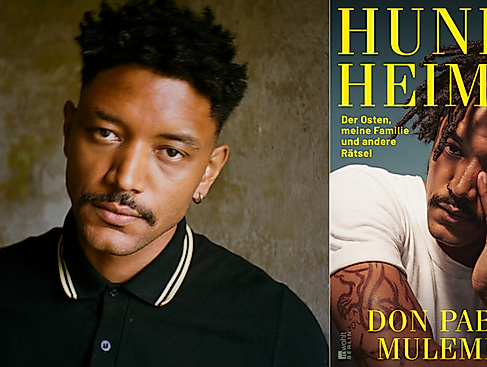 A portrait of Don Pablo Mulemba and the cover of the book "Hundeheimat".