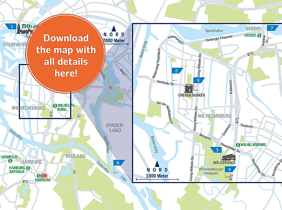 Map of Hamburg’s Urban Nature Route from the Old Elbe Tunnel to Wilhelmsburg Island Park with nature and experience stations